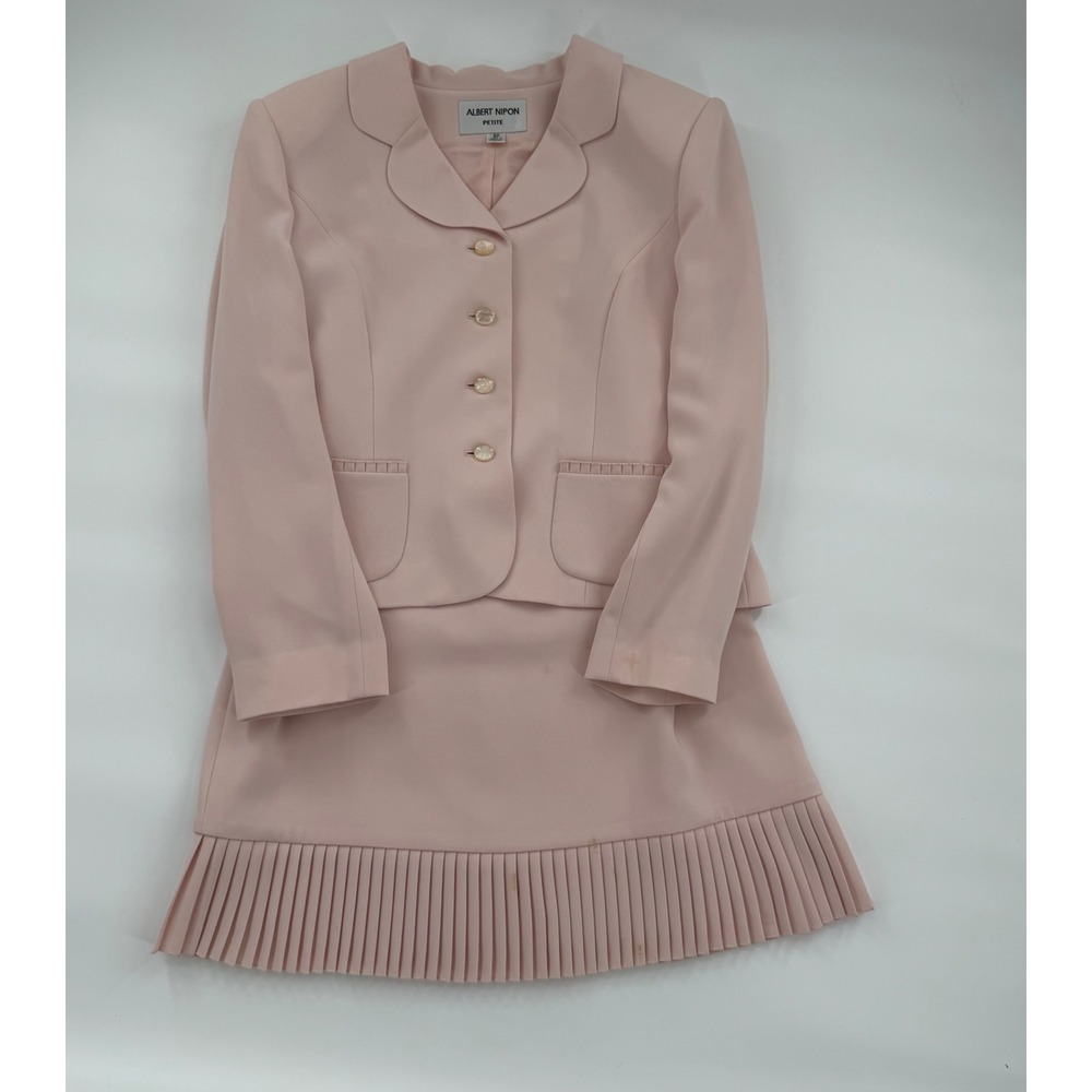 Albert Nipon Petite Pink Skirt Suit Set Pleated Hem Jacket Size 8P